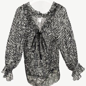 Oscar de la Renta AW/10 Black & White Abstract Silk Lace-Trim Tie-Neck Blouse